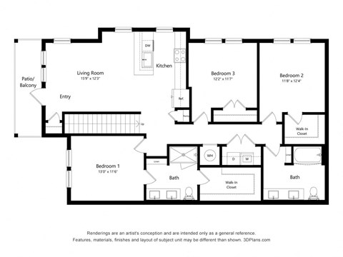 Floor plan for 3 beds, 2 baths, 1443 sqft